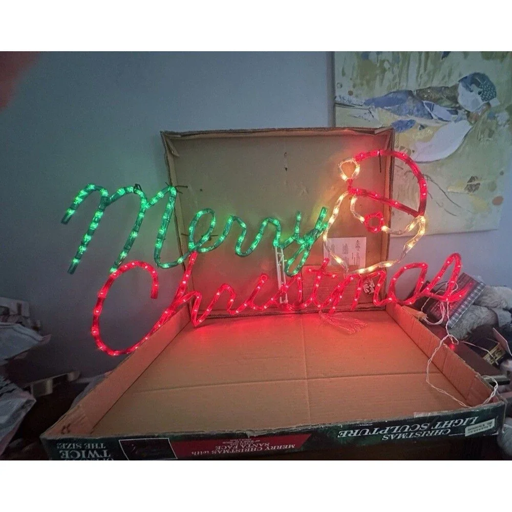 RARE MR Christmas Light Sculpture Merry Christmas W/ Santa Face 48x22 Working! *